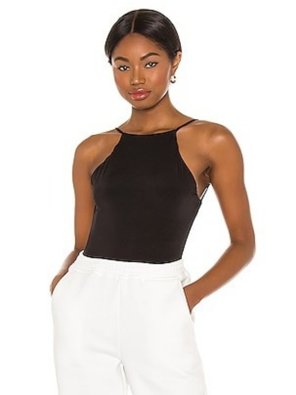 H:OURS Tayshia Bodysuit Backless High Neck Black Small Deep V Thong Slinky